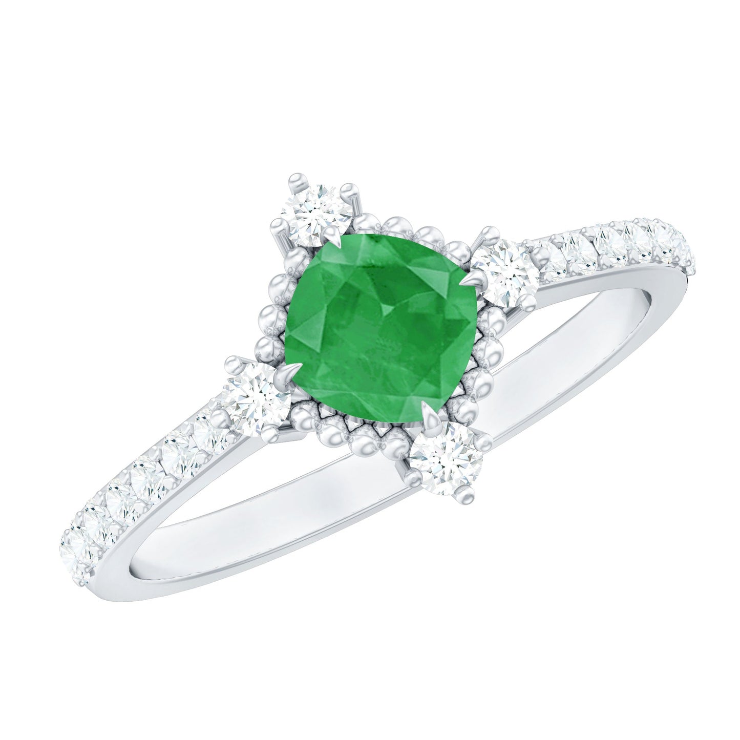 Antique Looking Real Emerald Cushion Cut Engagement Ring with Diamond