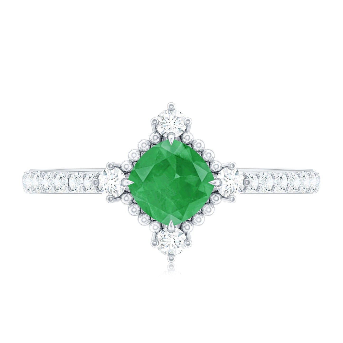 Antique Looking Real Emerald Cushion Cut Engagement Ring with Diamond