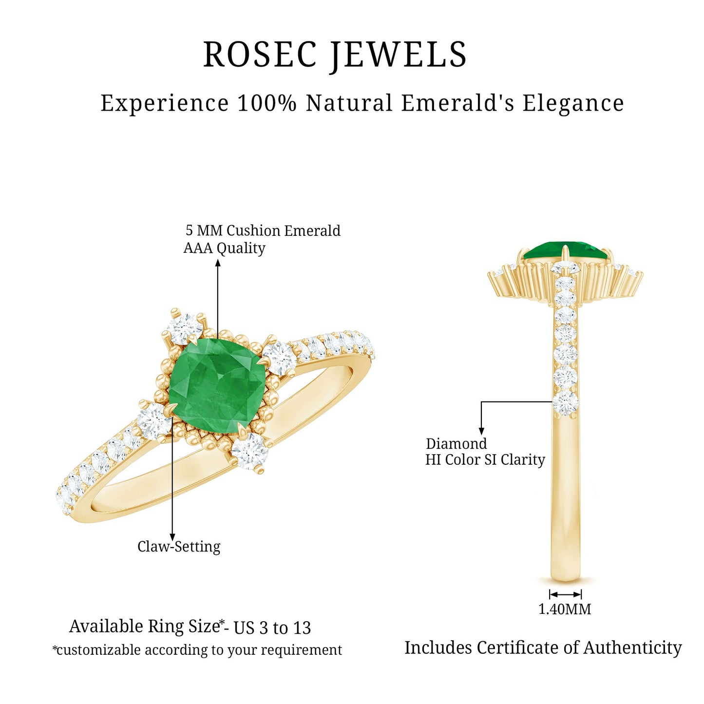 Antique Looking Real Emerald Cushion Cut Engagement Ring with Diamond
