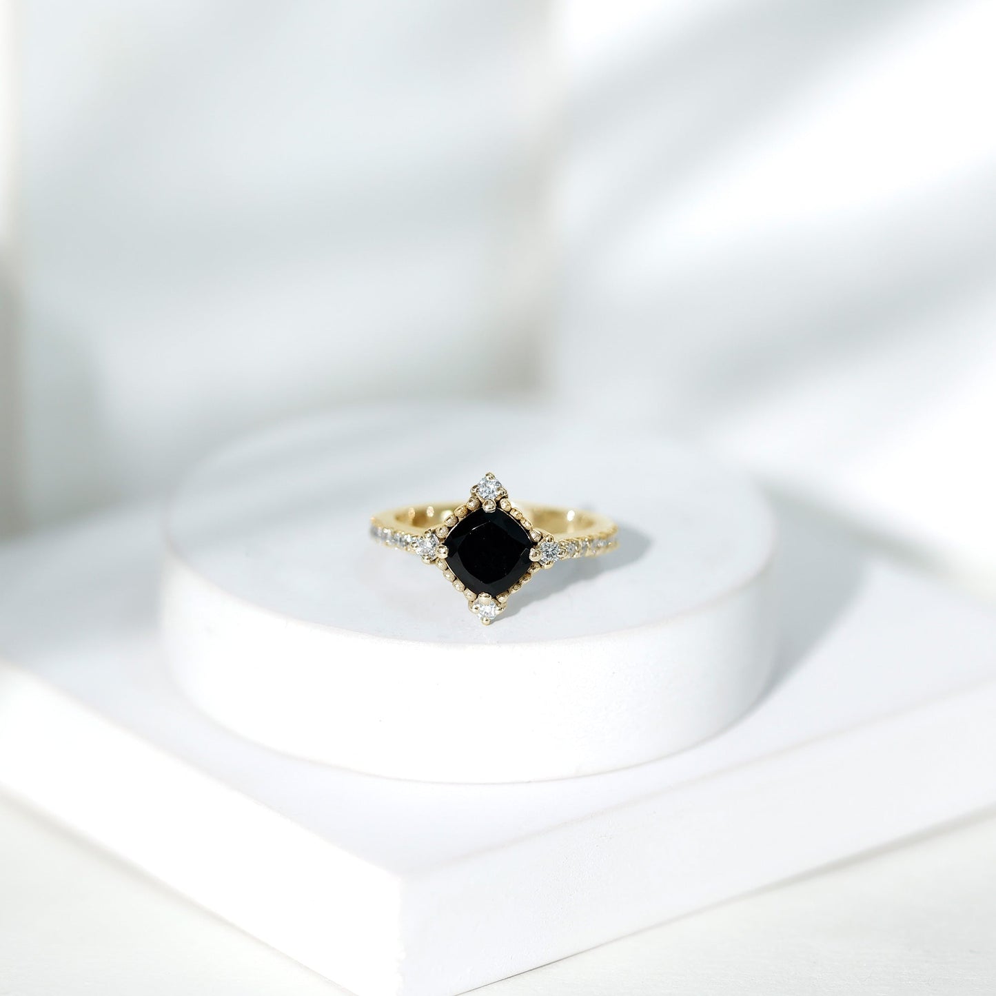 2 Carat Vintage Style Black Spinel Engagement Ring with Diamonds