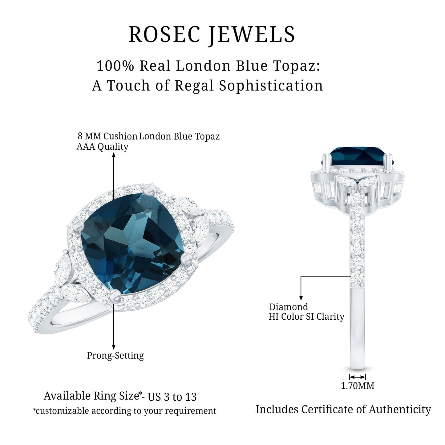 Certified Cushion Cut London Blue Topaz and Diamond Engagement Ring