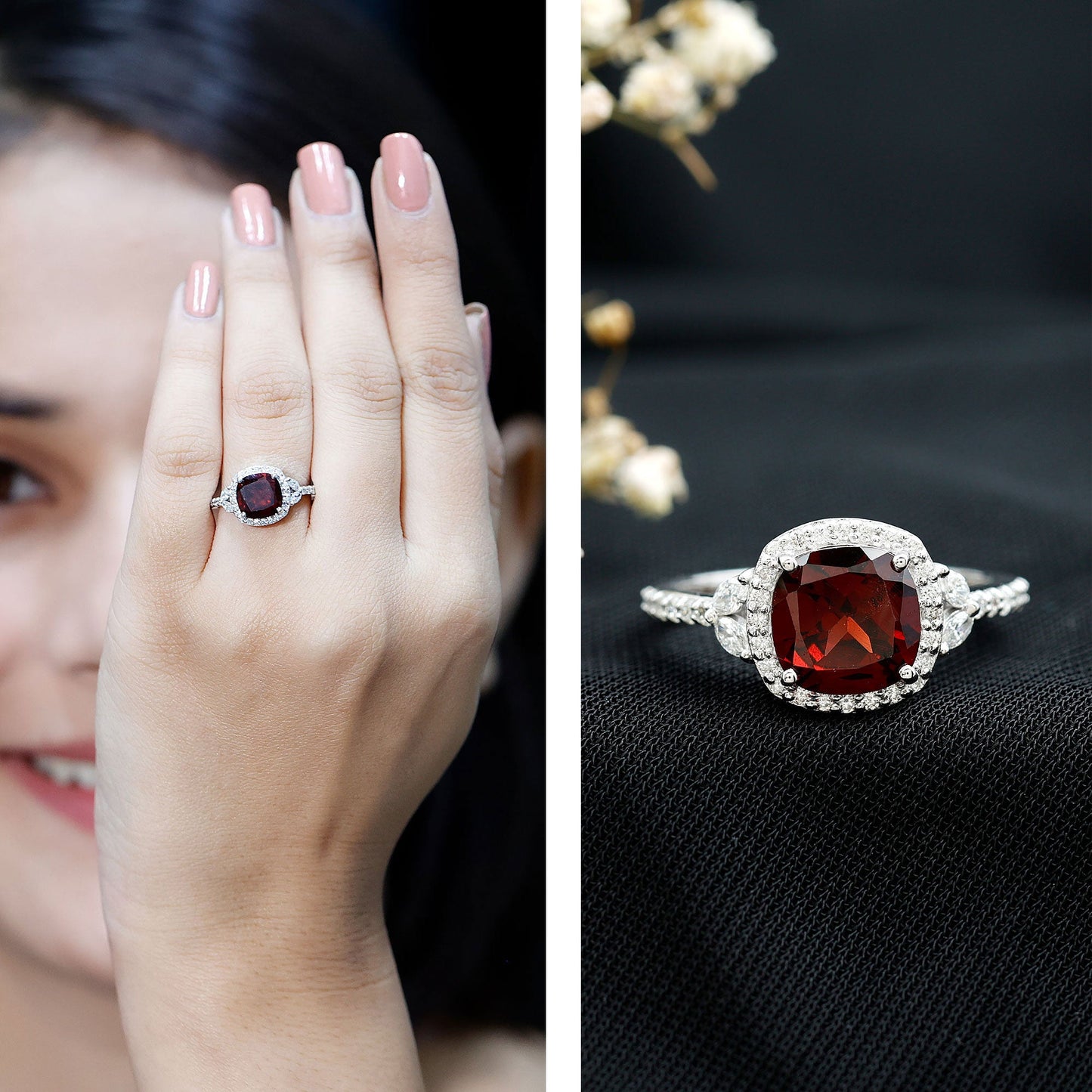 Natural Garnet Cushion Cut Engagement Ring with Diamond Halo