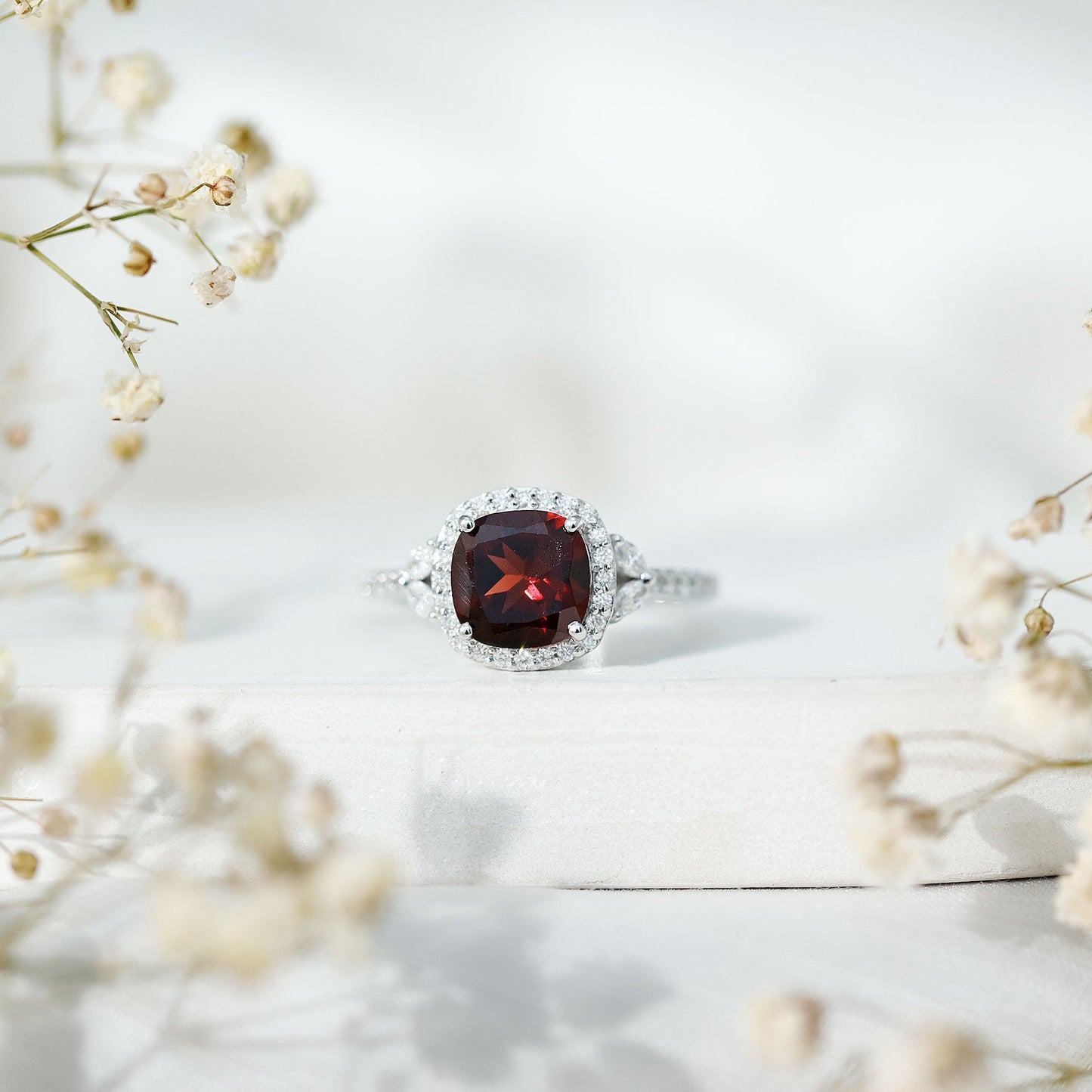 Natural Garnet Cushion Cut Engagement Ring with Diamond Halo