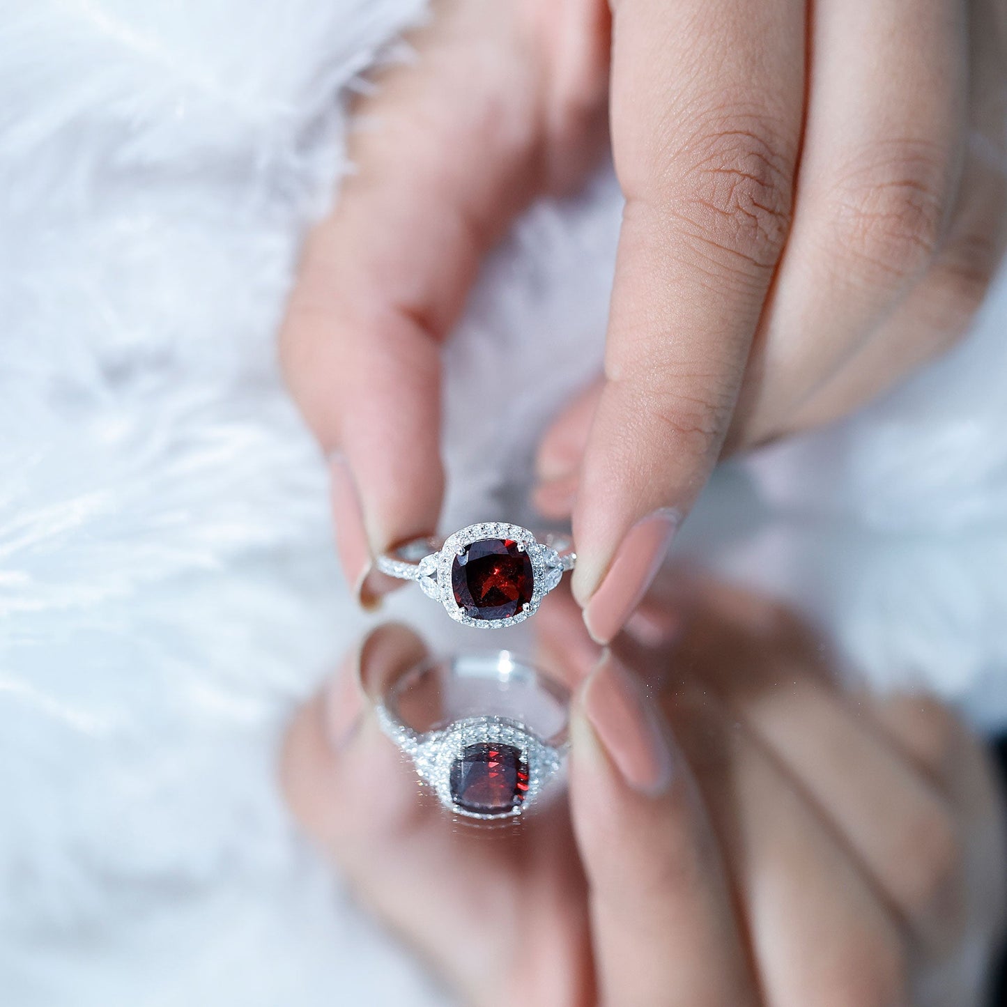 Natural Garnet Cushion Cut Engagement Ring with Diamond Halo