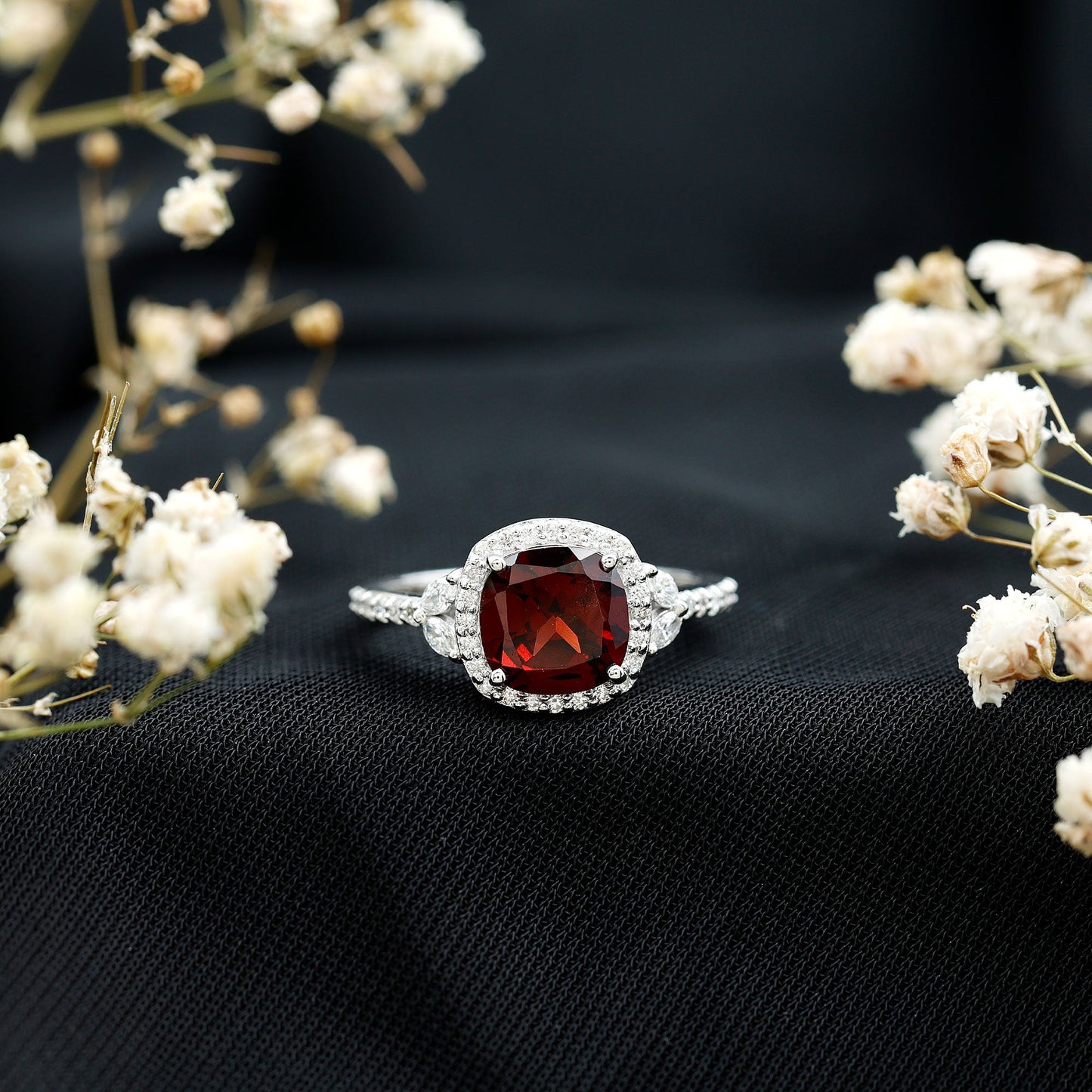 Natural Garnet Cushion Cut Engagement Ring with Diamond Halo