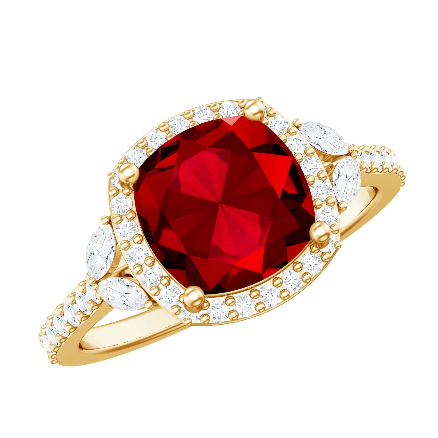 Certified Cushion Cut Lab Ruby and Diamond Halo Engagement Ring