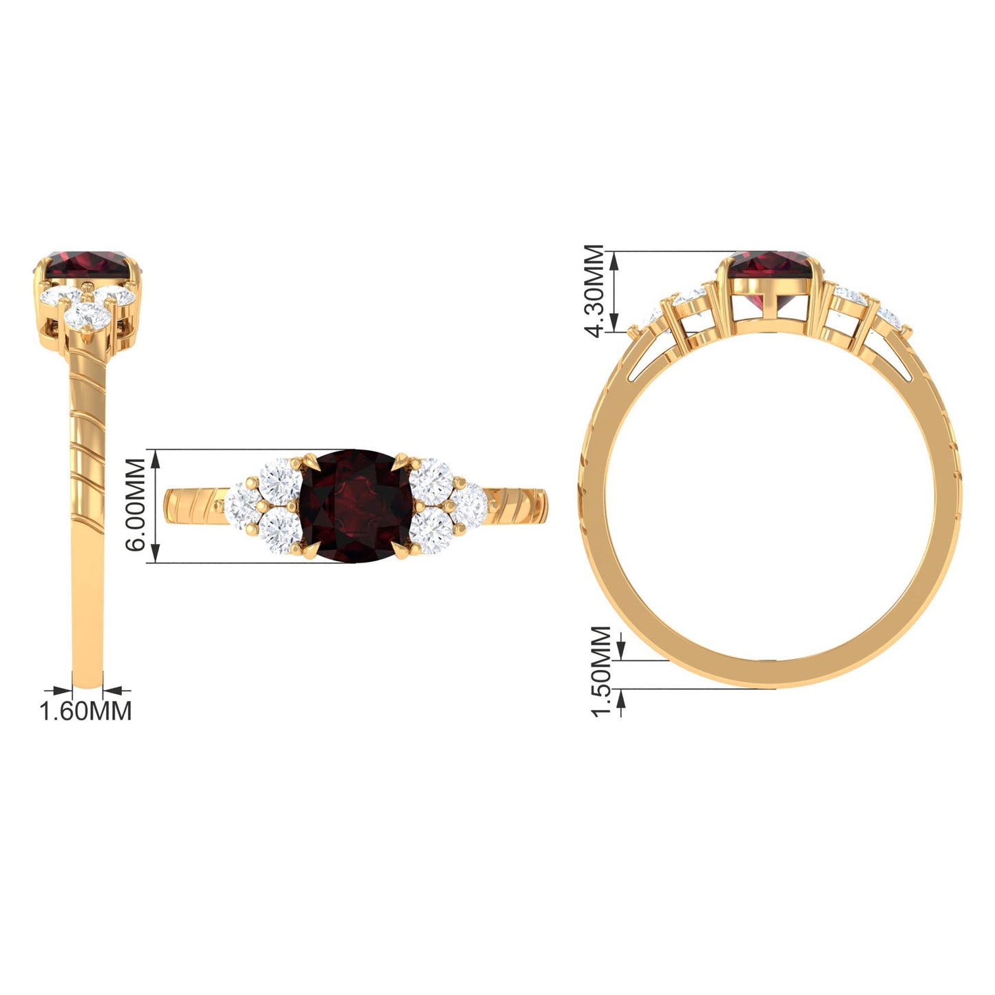 Natural 3.2 Carat Garnet Cushion Cut Engagement Ring with Diamond Trio