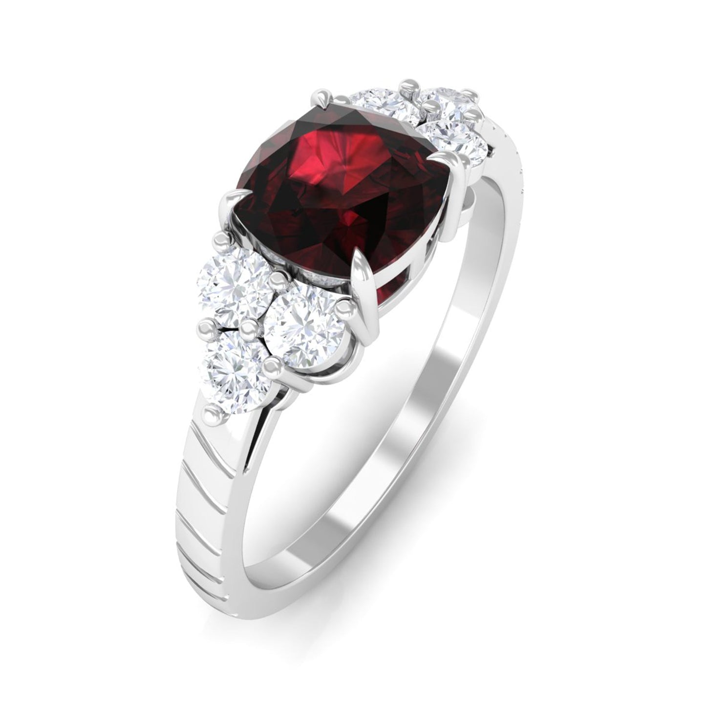 Natural 3.2 Carat Garnet Cushion Cut Engagement Ring with Diamond Trio