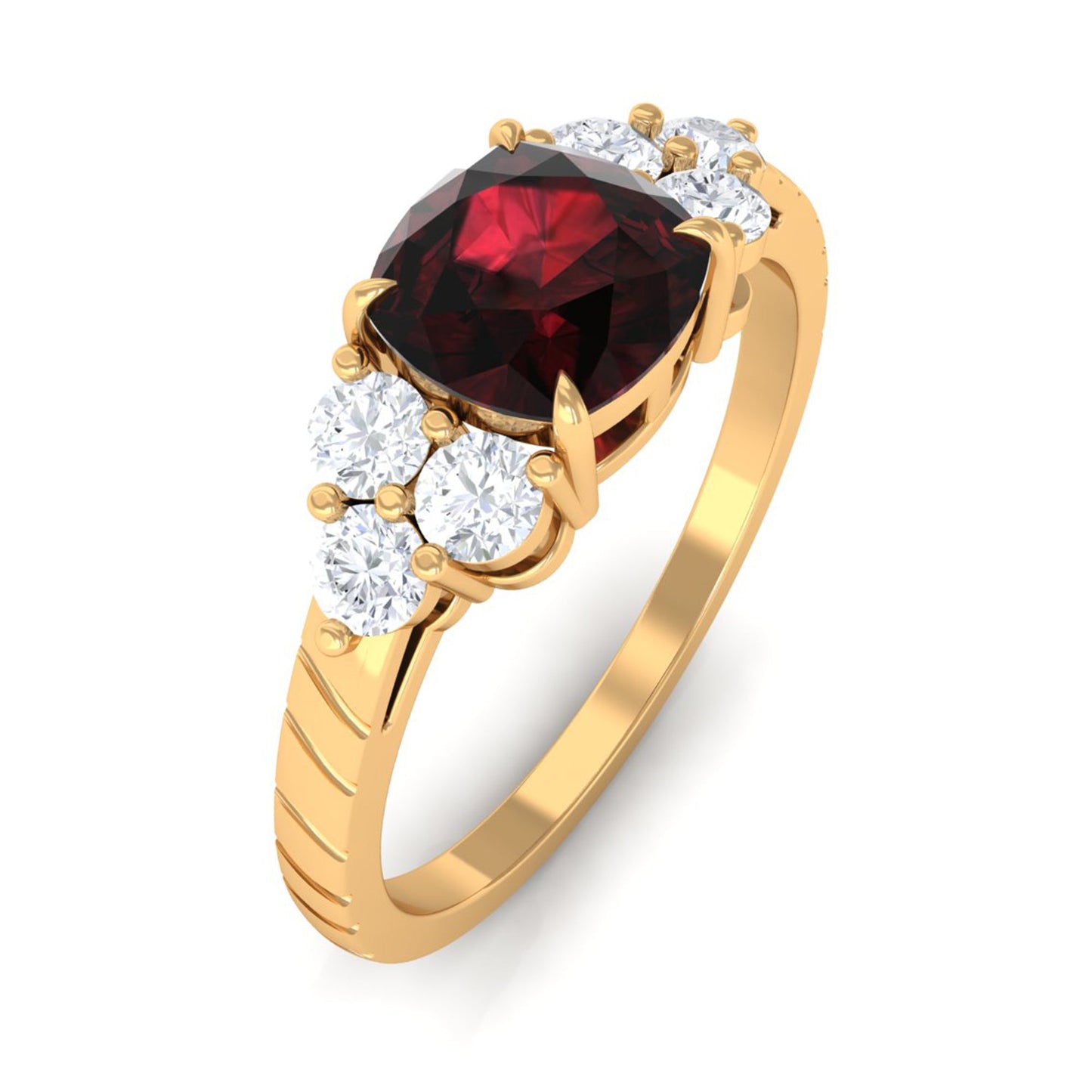 Natural 3.2 Carat Garnet Cushion Cut Engagement Ring with Diamond Trio