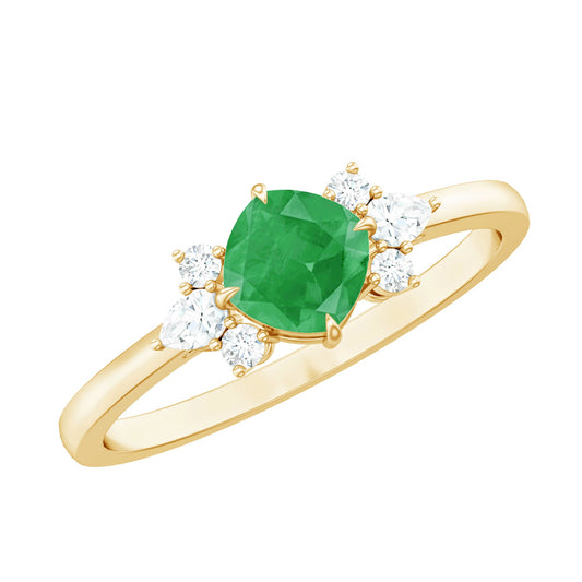 Certified Real Cushion Cut Emerald Engagement Ring with Diamond Trio