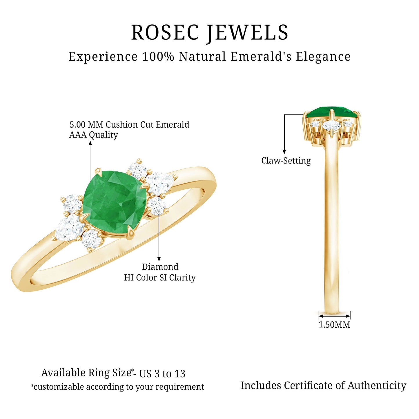Certified Real Cushion Cut Emerald Engagement Ring with Diamond Trio