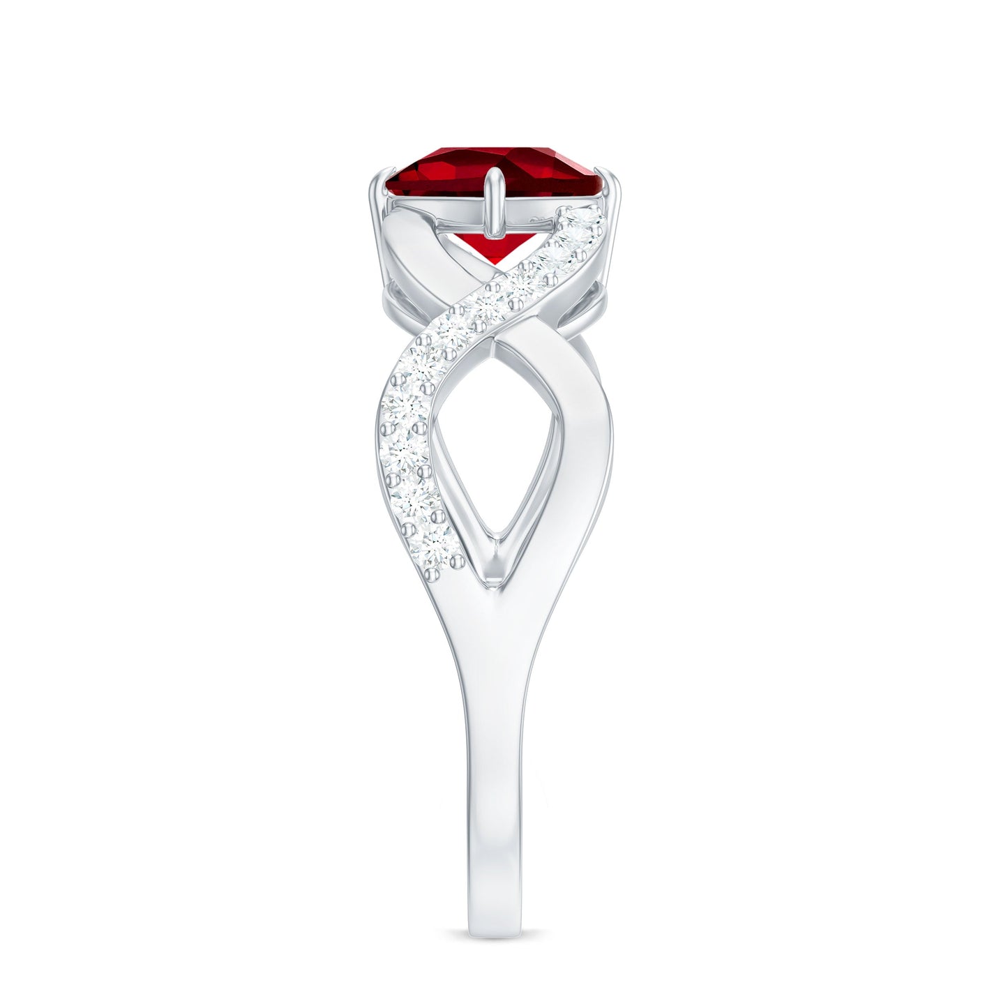 Cushion Cut Lab Grown Ruby and Diamond Crossover Engagement Ring
