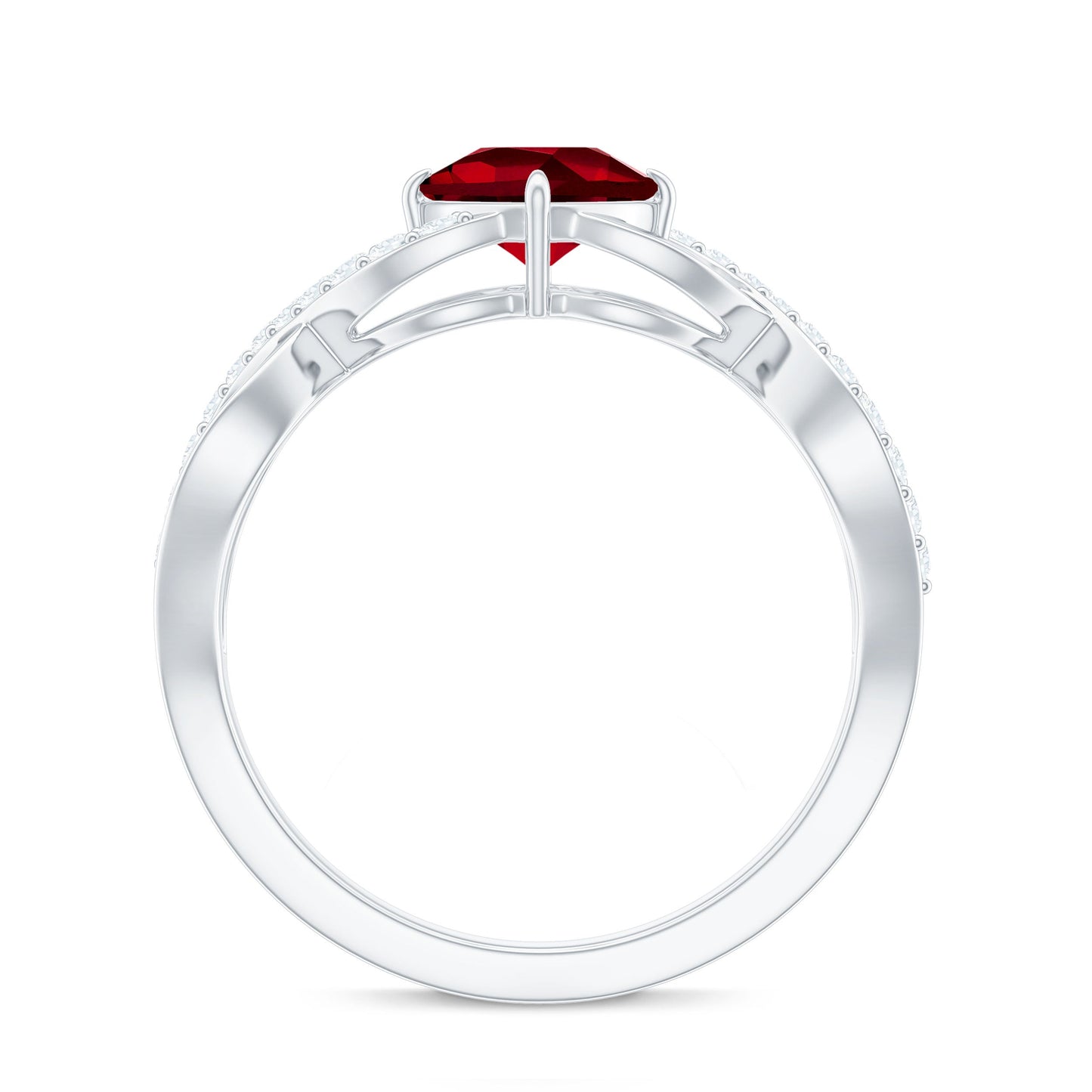 Cushion Cut Lab Grown Ruby and Diamond Crossover Engagement Ring