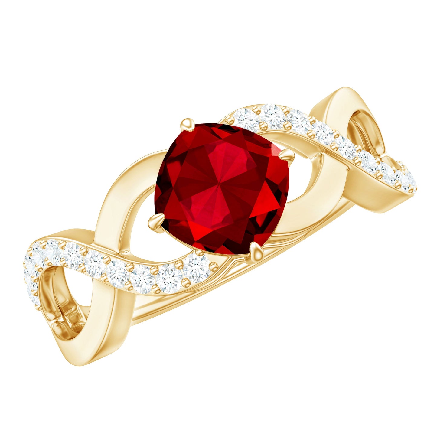 Cushion Cut Lab Grown Ruby and Diamond Crossover Engagement Ring