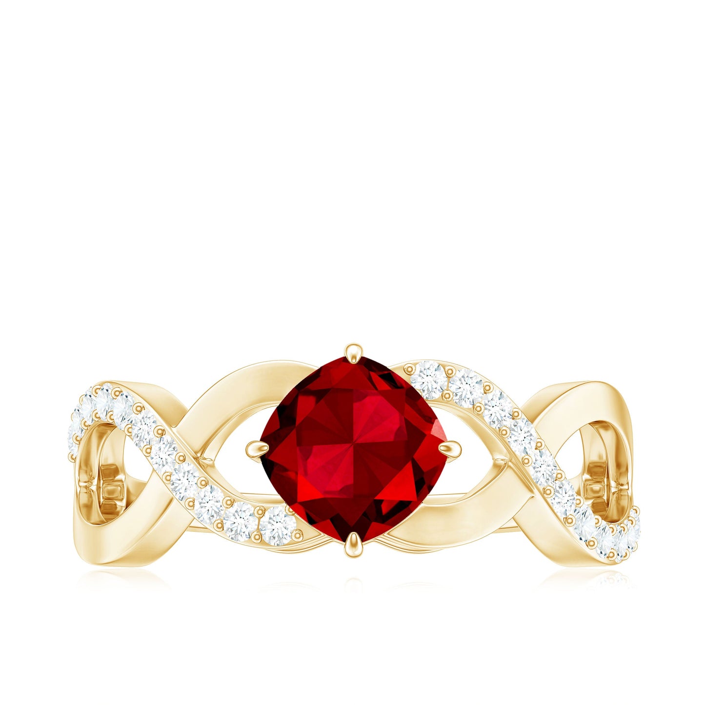 Cushion Cut Lab Grown Ruby and Diamond Crossover Engagement Ring