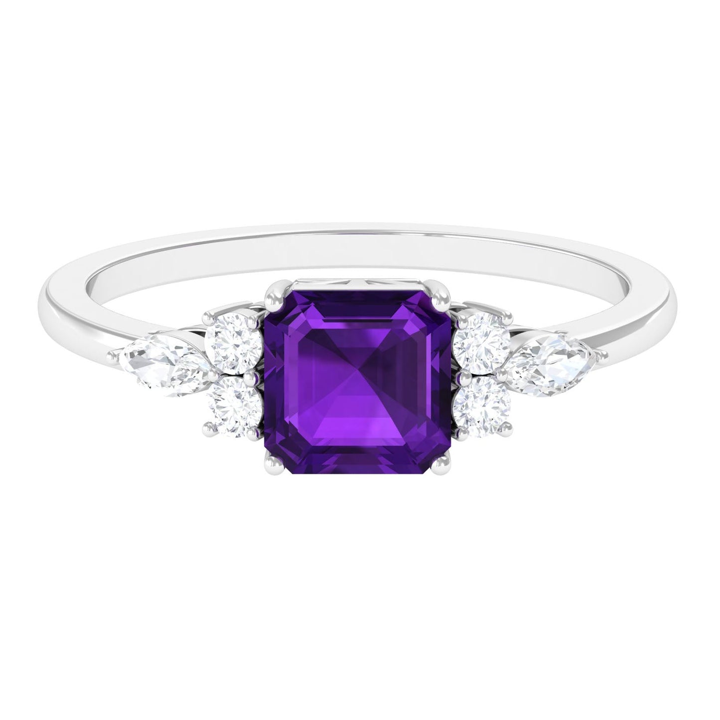 Certified Real 3 Carat Asscher Cut Amethyst Engagement Ring with Diamond Trio