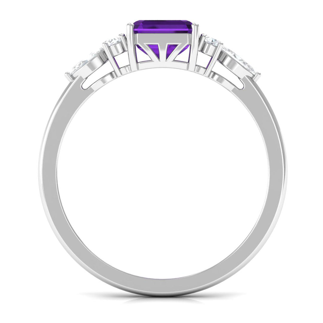 Certified Real 3 Carat Asscher Cut Amethyst Engagement Ring with Diamond Trio
