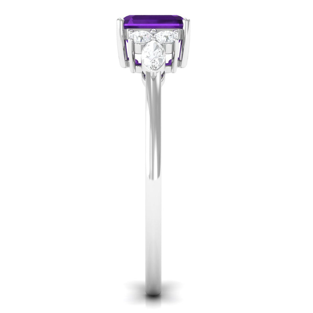Certified Real 3 Carat Asscher Cut Amethyst Engagement Ring with Diamond Trio