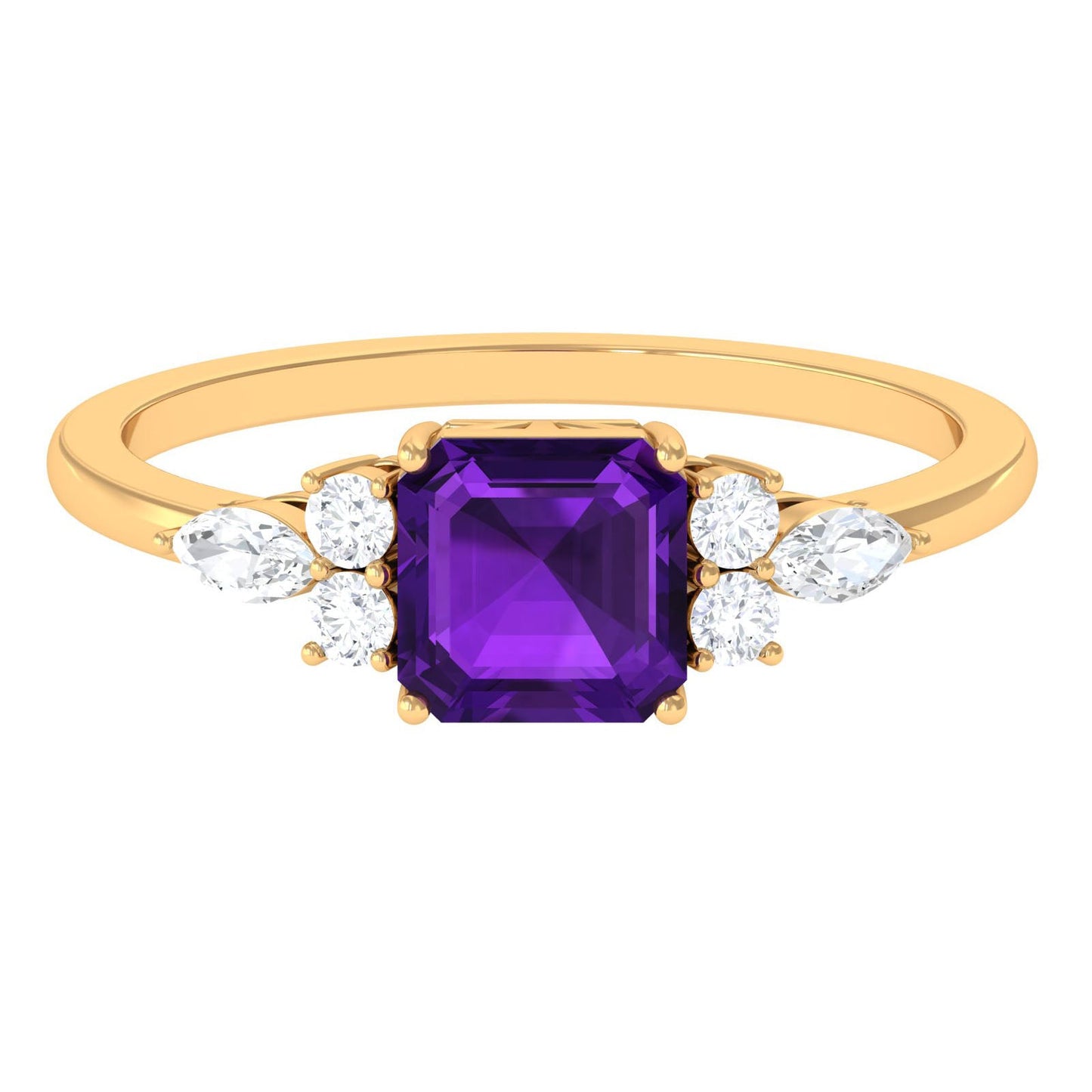 Certified Real 3 Carat Asscher Cut Amethyst Engagement Ring with Diamond Trio