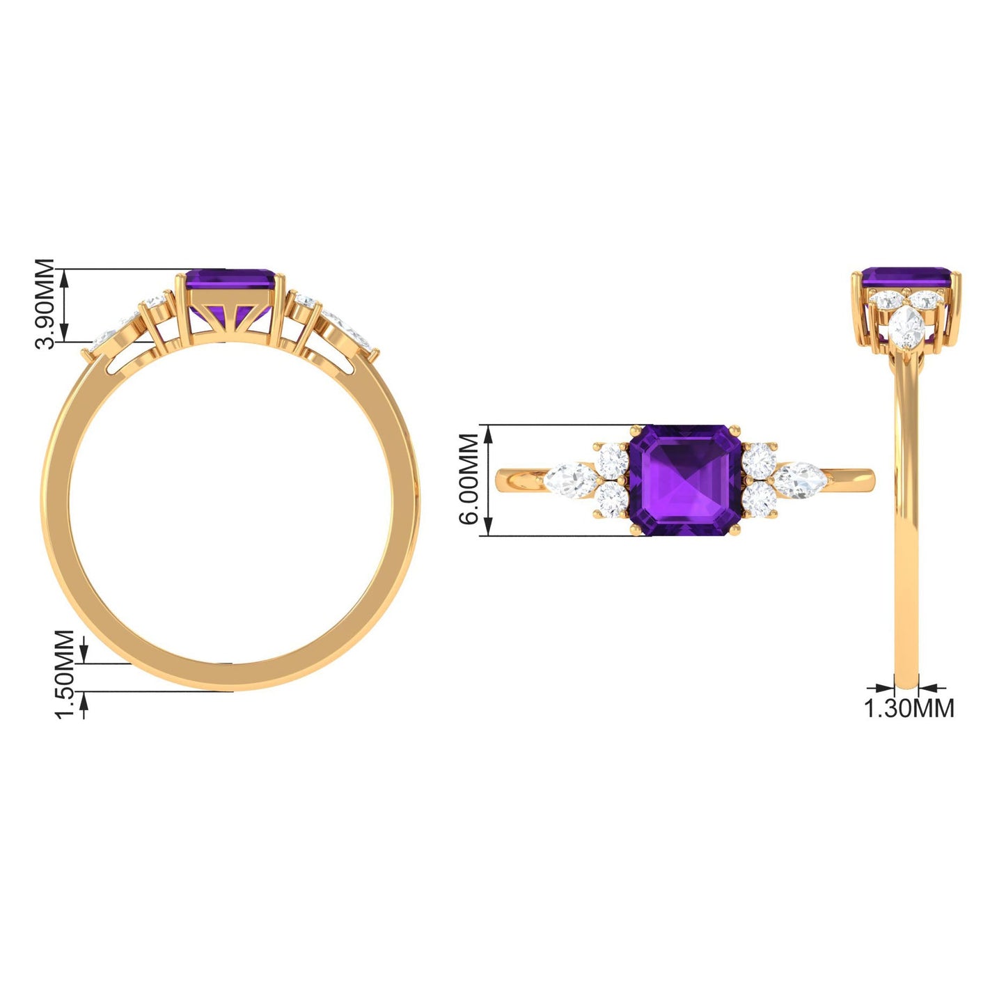 Certified Real 3 Carat Asscher Cut Amethyst Engagement Ring with Diamond Trio