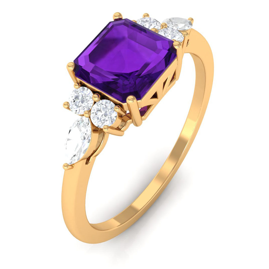 Certified Real 3 Carat Asscher Cut Amethyst Engagement Ring with Diamond Trio