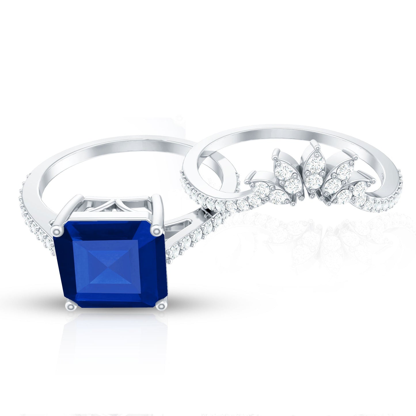 Certified 4.8 Carat Asscher Cut Lab Grown Blue Sapphire Diamond Engagement Ring with Enhancer