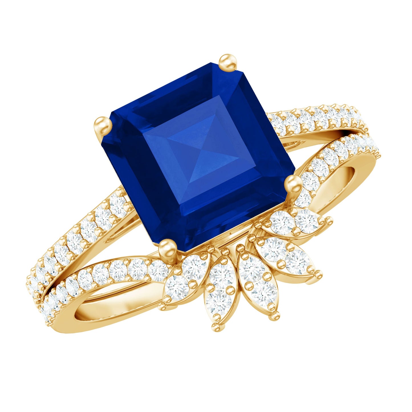 Certified 4.8 Carat Asscher Cut Lab Grown Blue Sapphire Diamond Engagement Ring with Enhancer