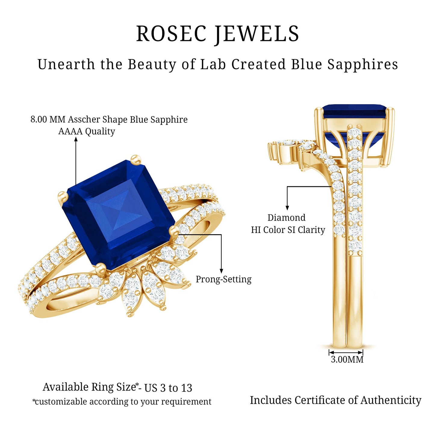 Certified 4.8 Carat Asscher Cut Lab Grown Blue Sapphire Diamond Engagement Ring with Enhancer