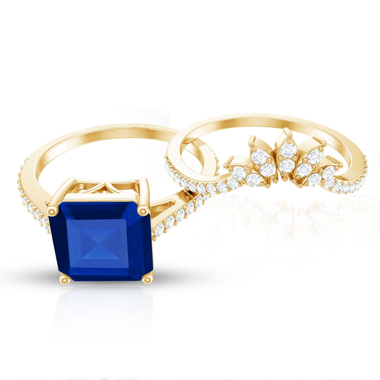 Certified 4.8 Carat Asscher Cut Lab Grown Blue Sapphire Diamond Engagement Ring with Enhancer
