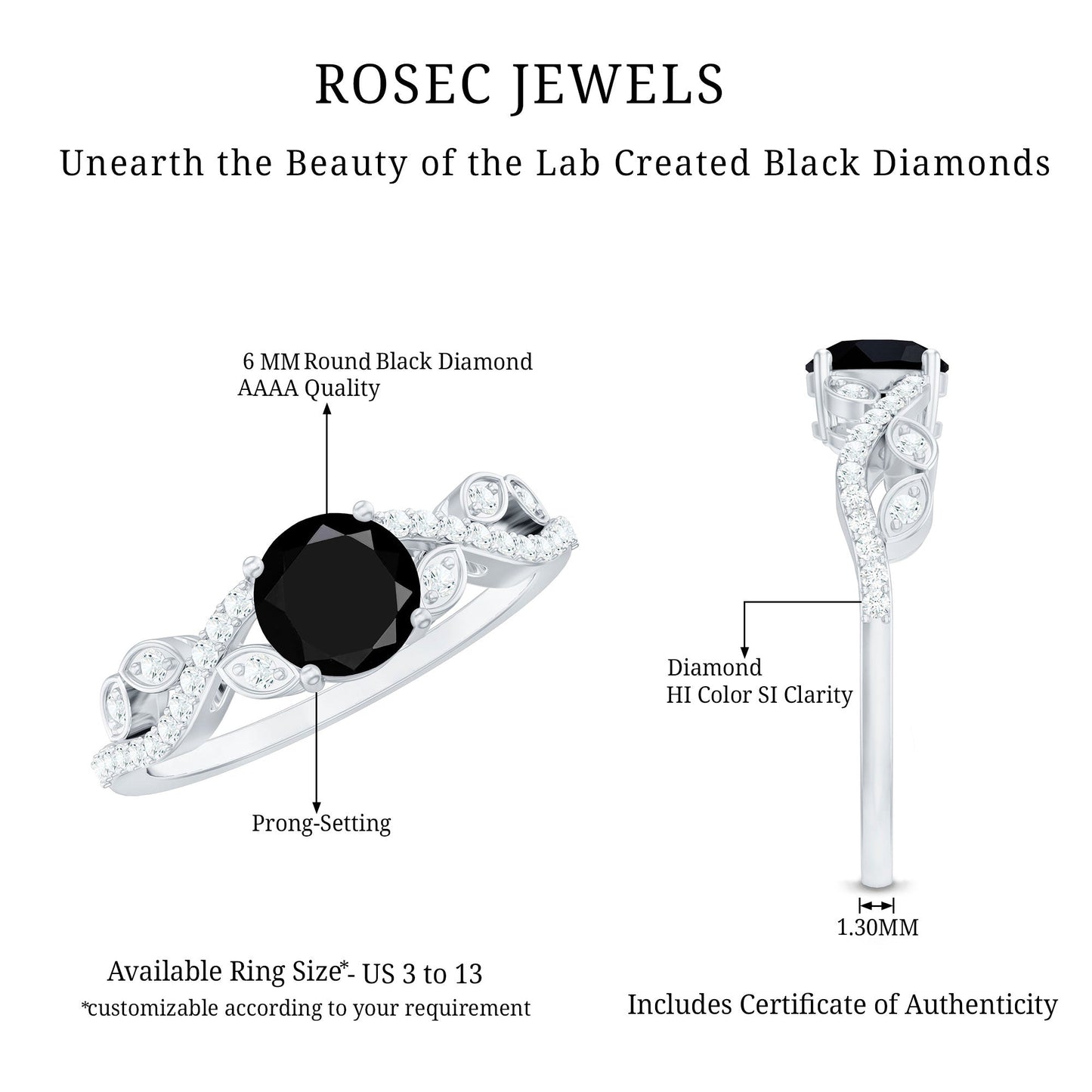 Certified 1.3 Carat Lab Grown Black Diamond Solitaire Engagement Ring with White Diamond