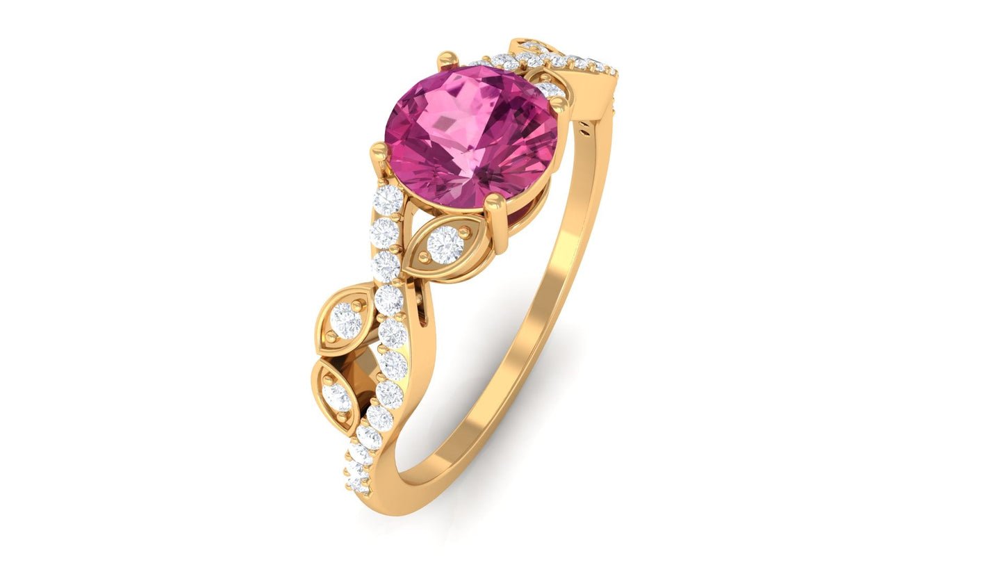 Round Shape Pink Tourmaline Designer Engagement Ring with Diamond