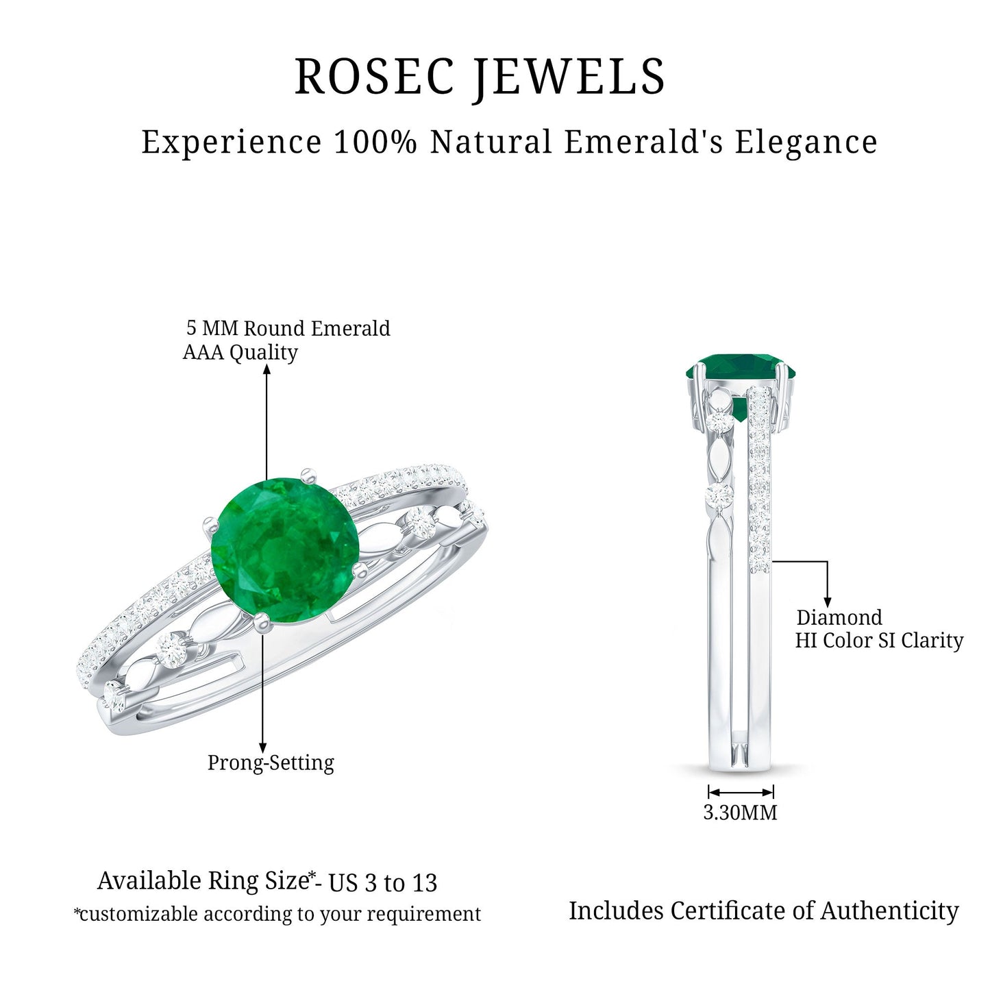Classic Emerald Diamond Double Band Engagement Ring