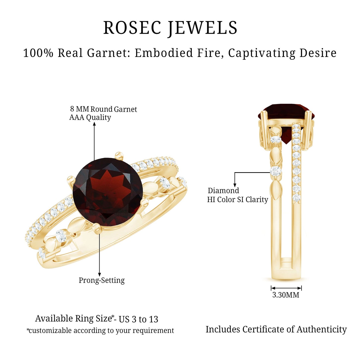 Natural Garnet Diamond Double Band Engagement Ring