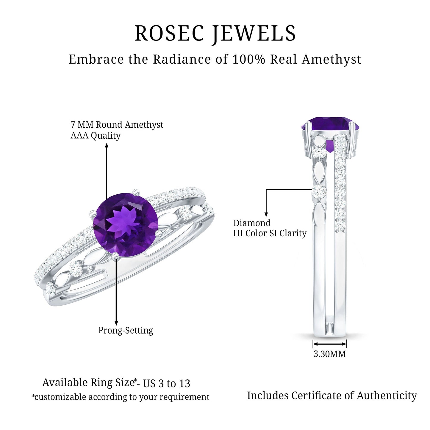 1.2 Carat Amethyst Double Band Engagement Ring with Diamond