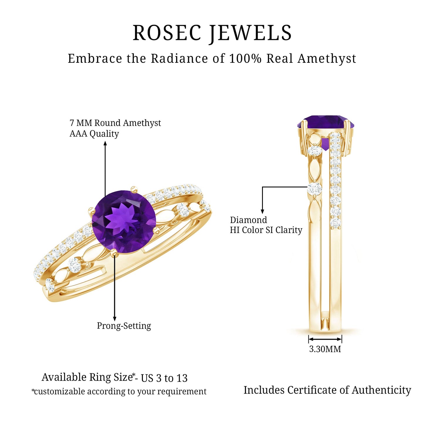 1.2 Carat Amethyst Double Band Engagement Ring with Diamond