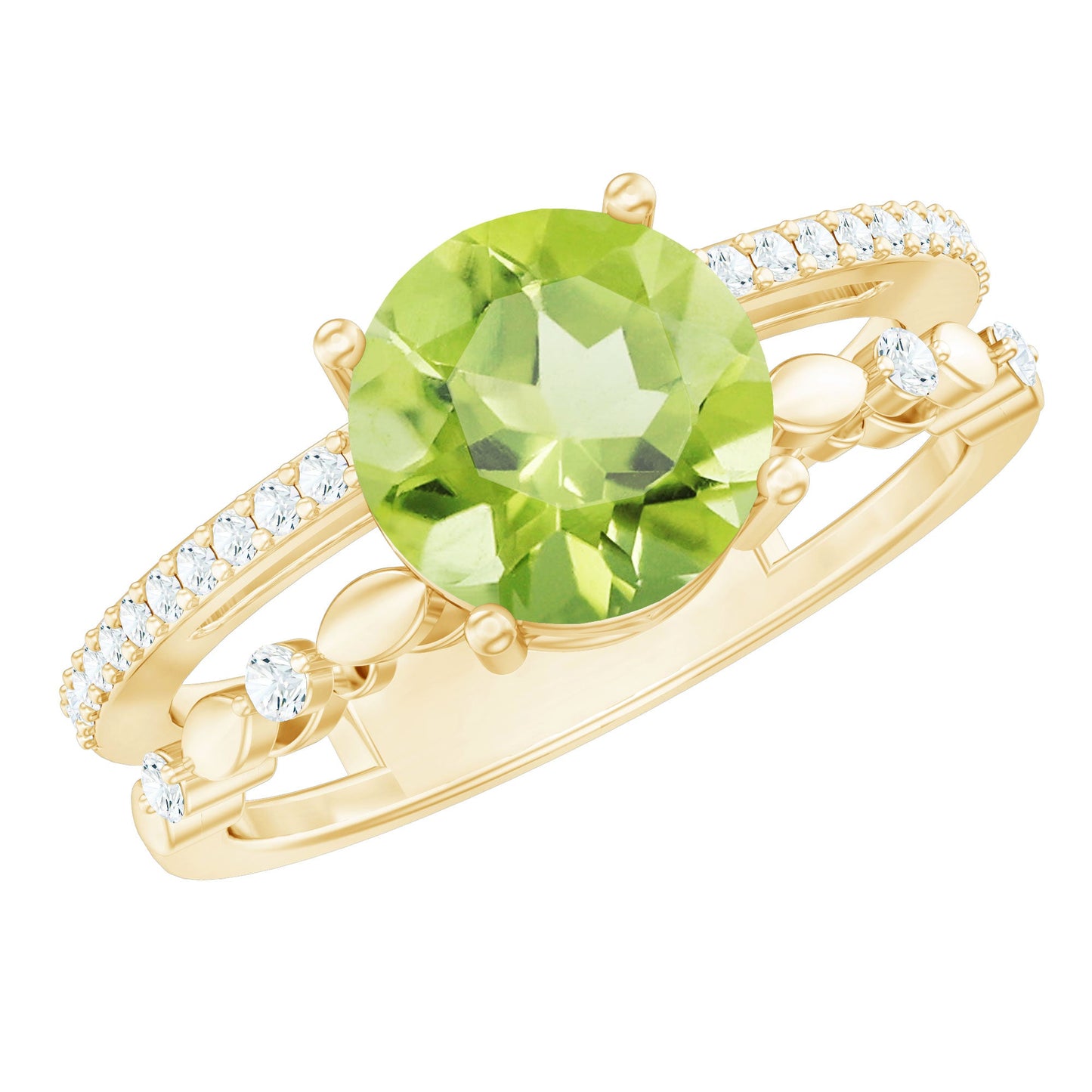 Genuine 2 Carat Peridot Double Band Engagement Ring with Diamond
