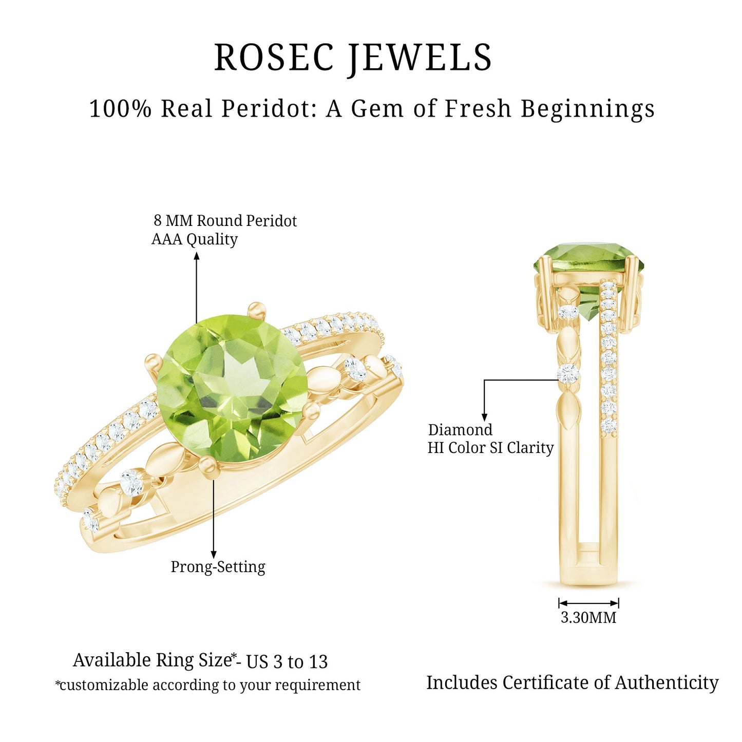 Genuine 2 Carat Peridot Double Band Engagement Ring with Diamond