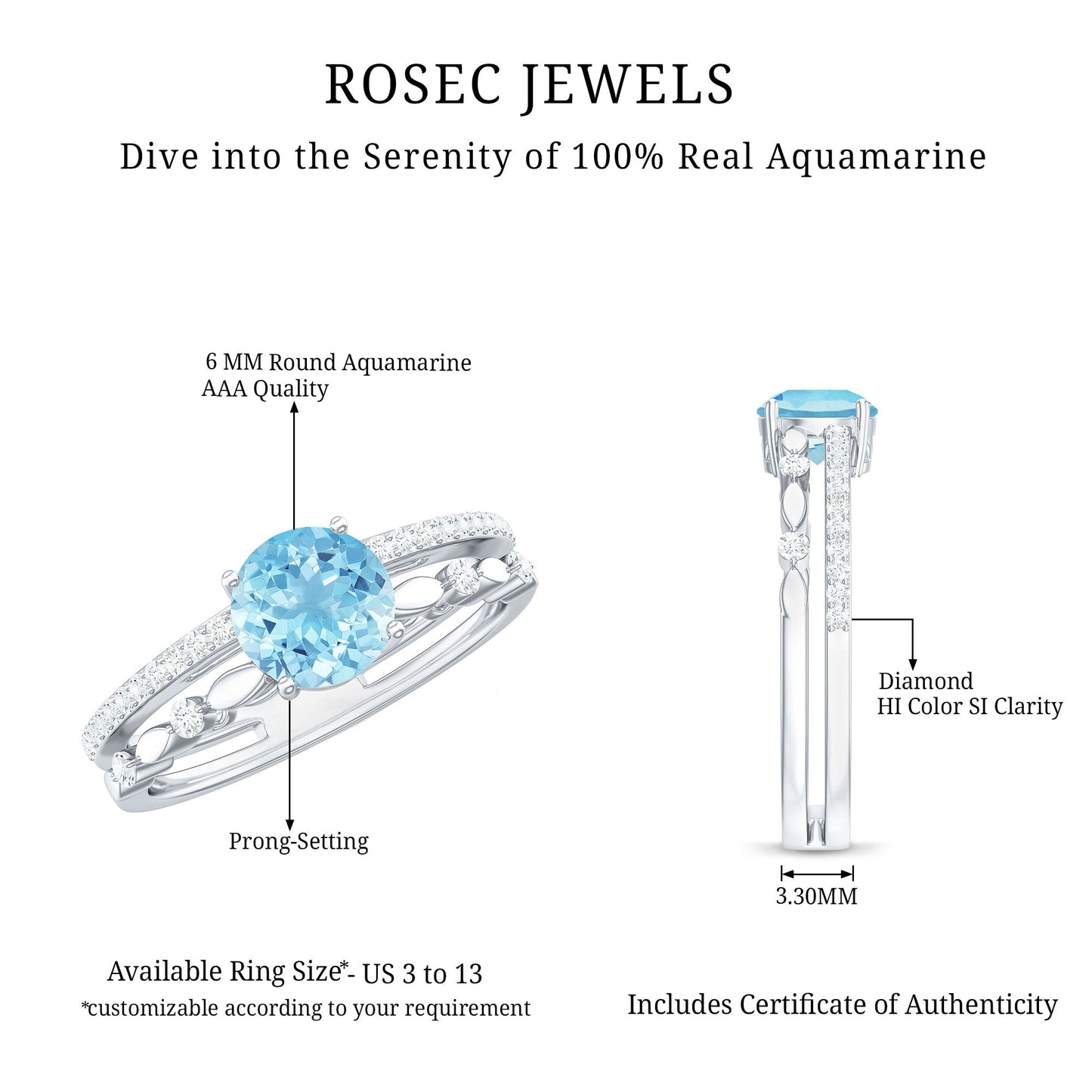 Natural Aquamarine Double Band Engagement Ring with Diamond
