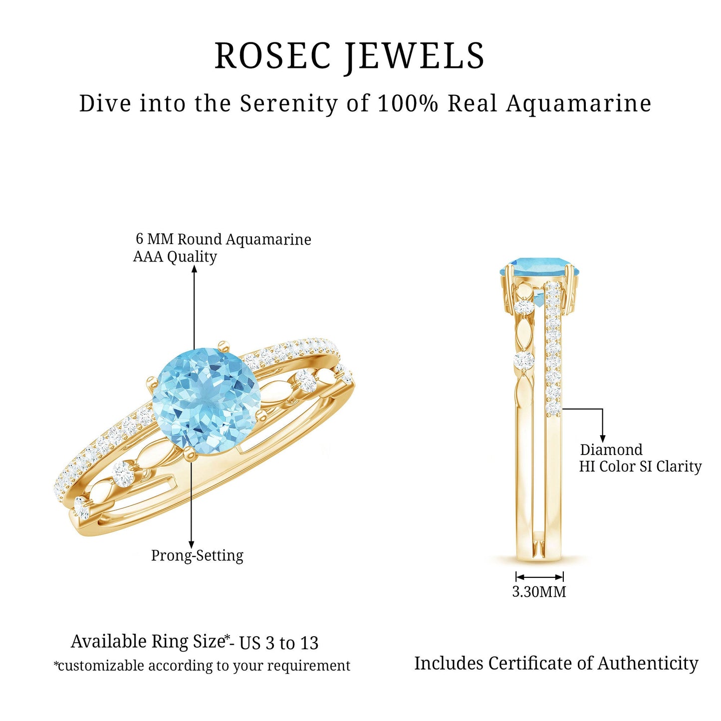 Natural Aquamarine Double Band Engagement Ring with Diamond