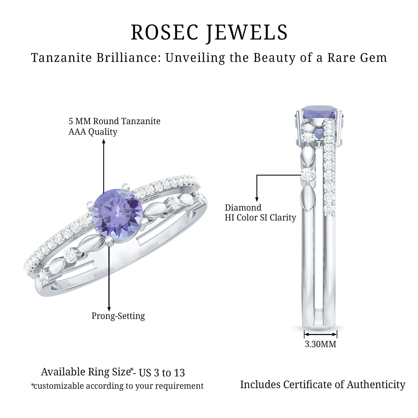 Certified Real Tanzanite Double Band Engagement Ring with Diamond
