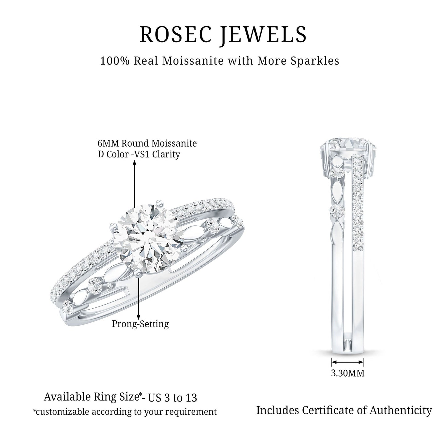 Certified Round Shape Moissanite Designer Engagement Ring