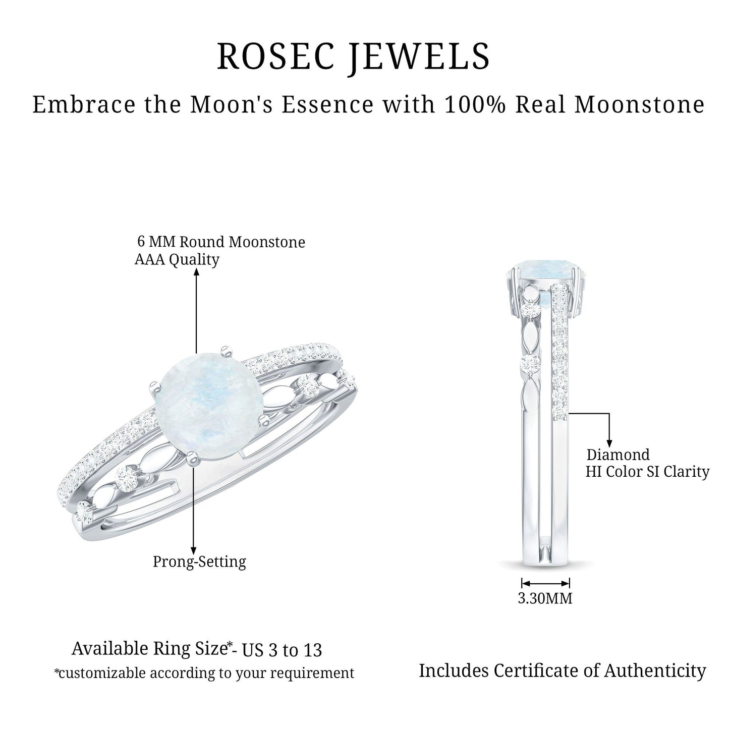 0.3 Carat Moonstone Double Band Solitaire Engagement Ring with Diamond