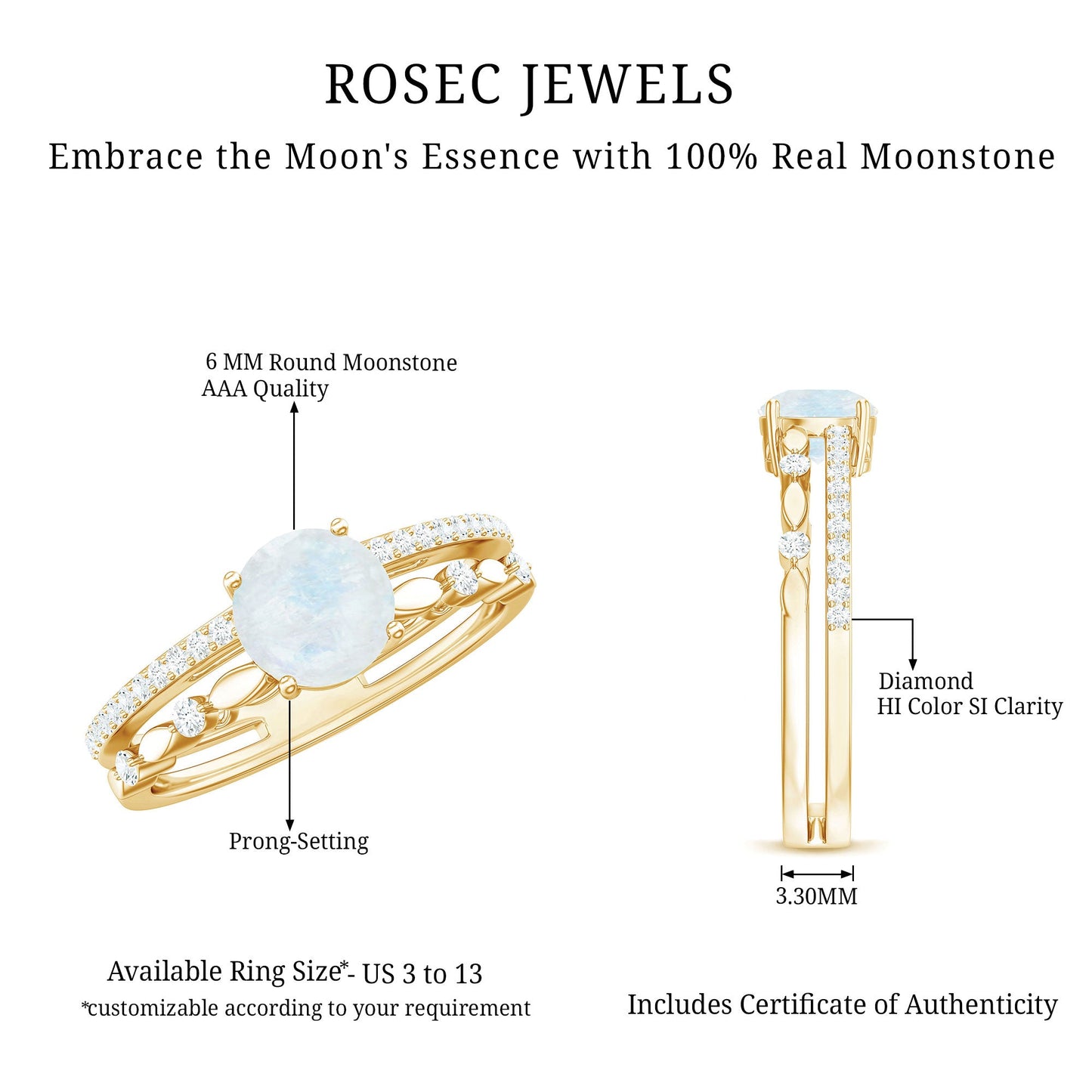 0.3 Carat Moonstone Double Band Solitaire Engagement Ring with Diamond