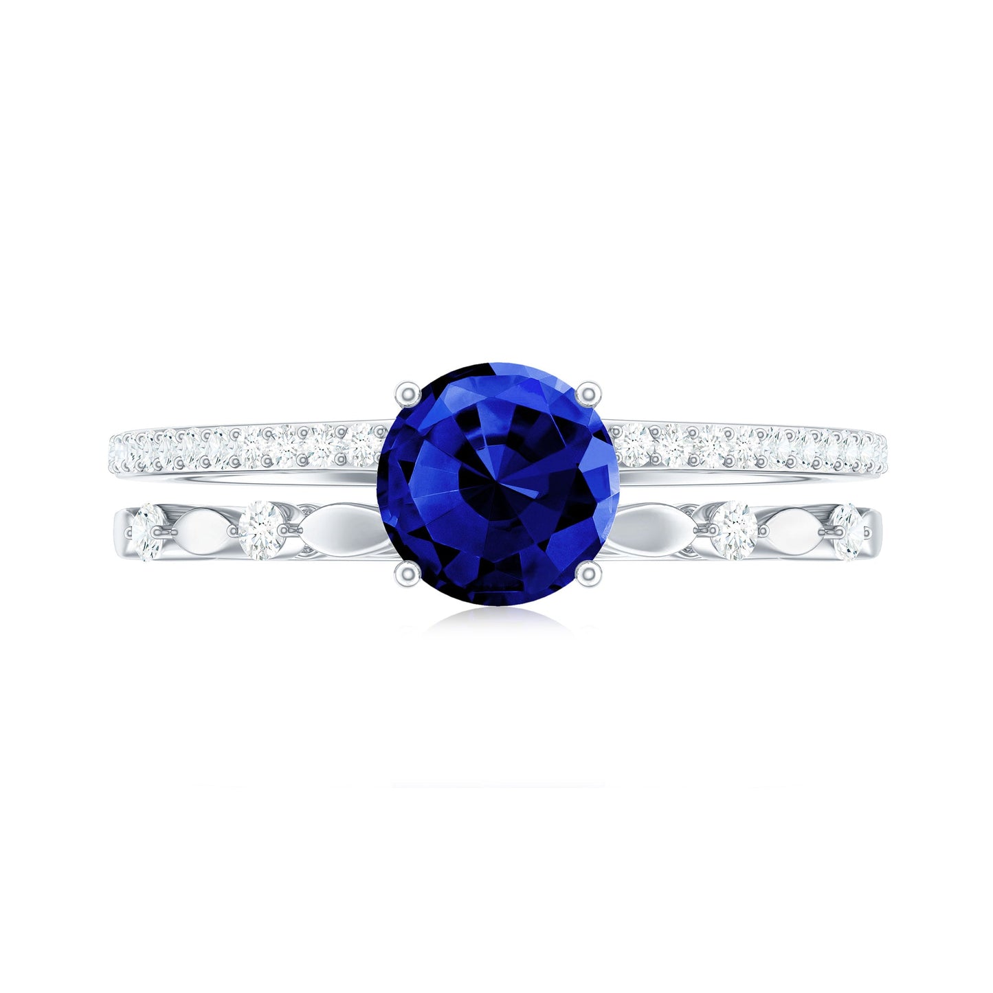 Certified 1 Carat Lab Grown Blue Sapphire Diamond Double Band Engagement Ring