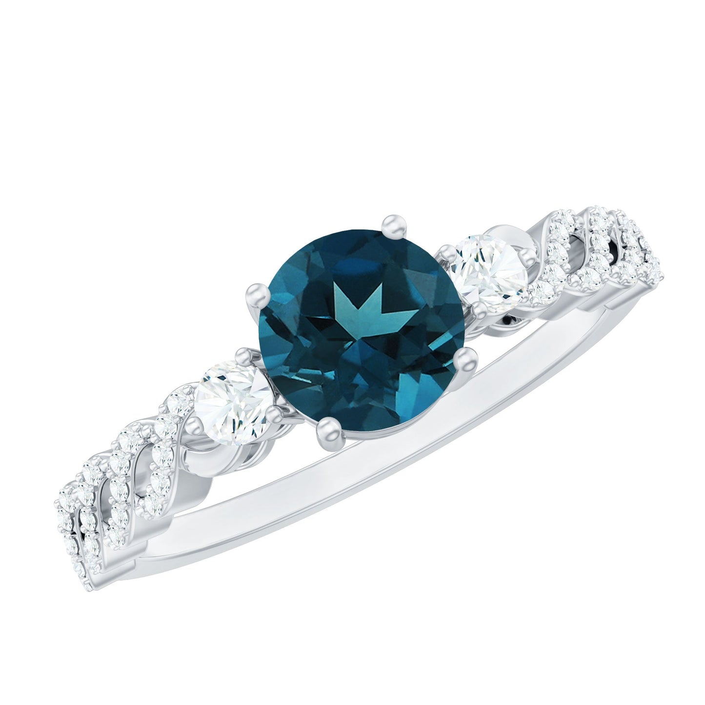 London Blue Topaz Designer Ring with Diamond Side Stones