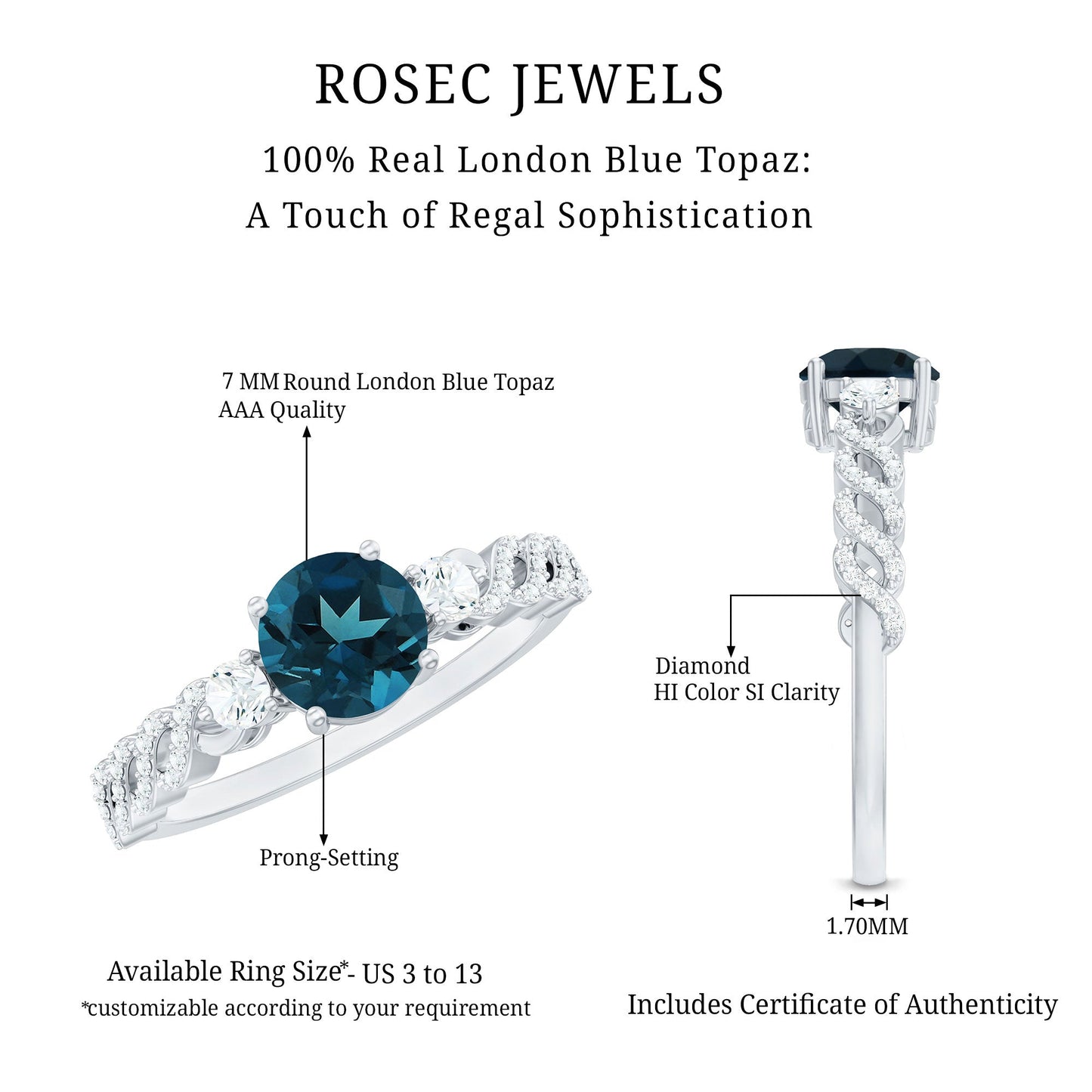 London Blue Topaz Designer Ring with Diamond Side Stones