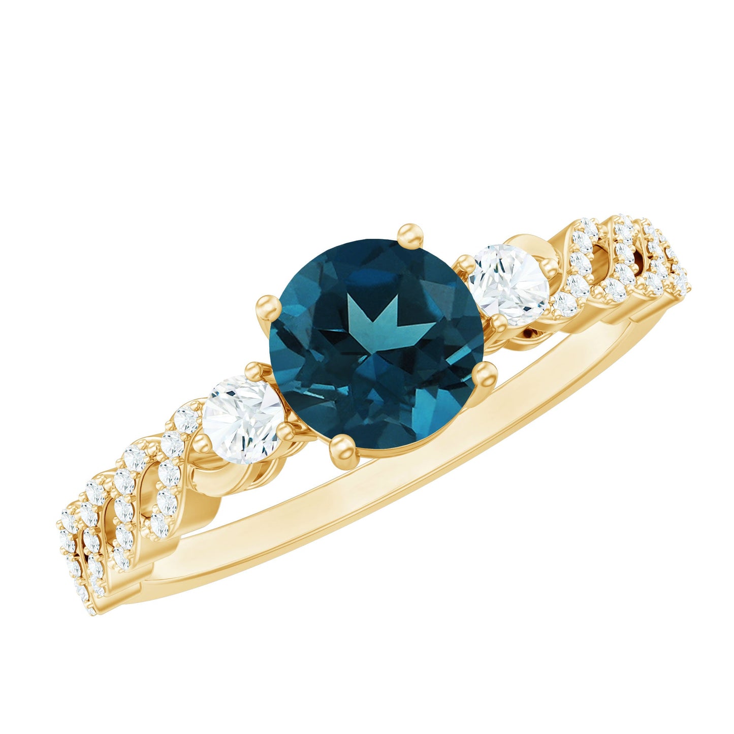 London Blue Topaz Designer Ring with Diamond Side Stones