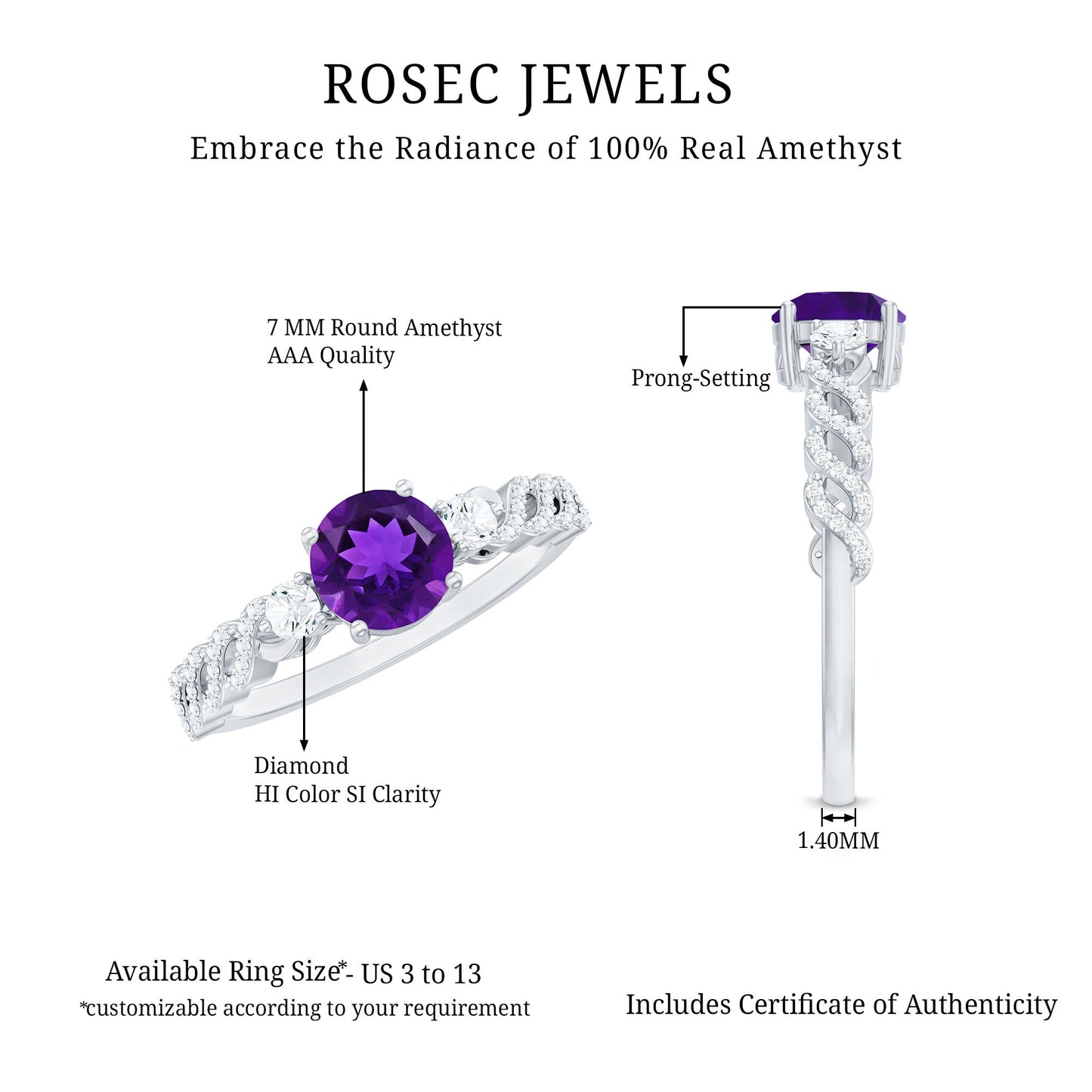 Natural 1.2 Carat Amethyst Diamond Engagement Ring for Women