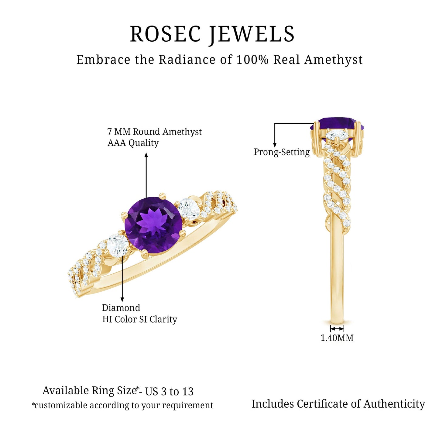 Natural 1.2 Carat Amethyst Diamond Engagement Ring for Women
