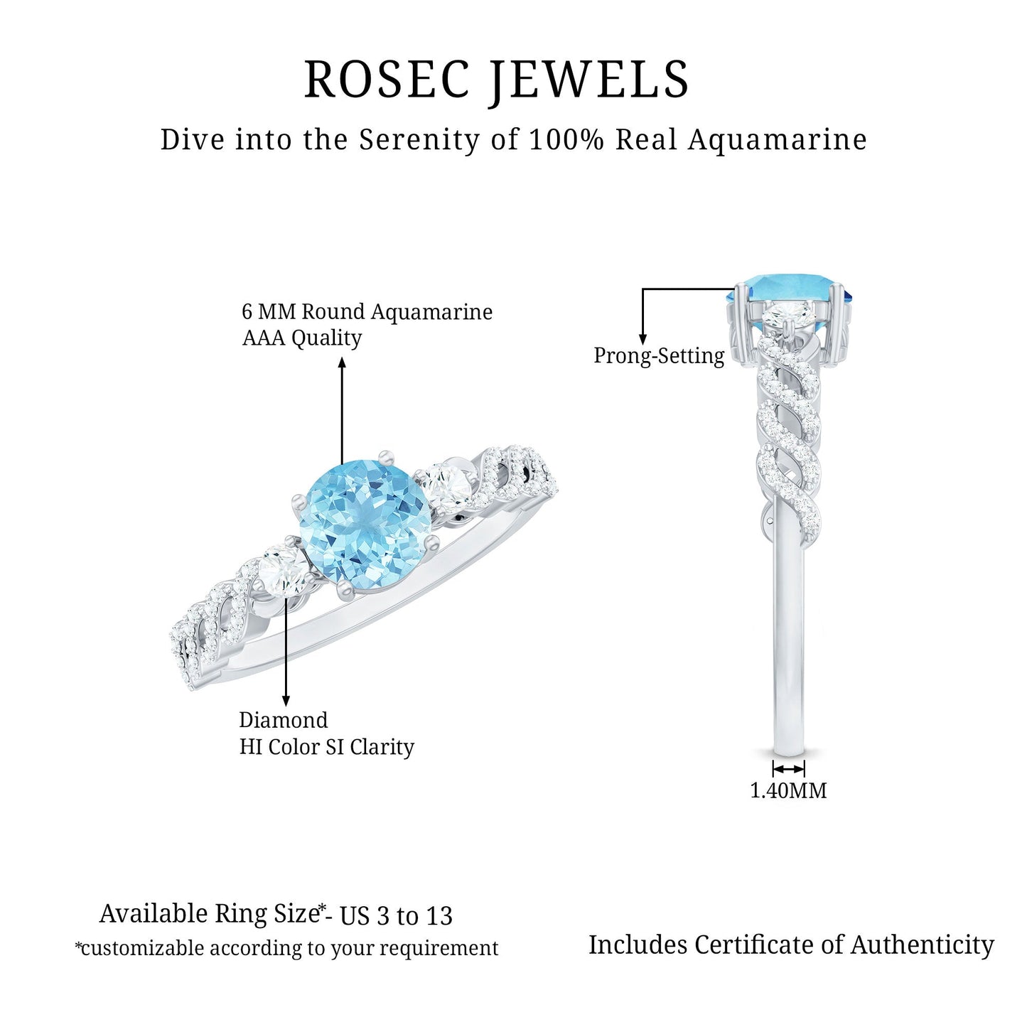 Certified Real Aquamarine Engagement Ring with Diamond Side Stones